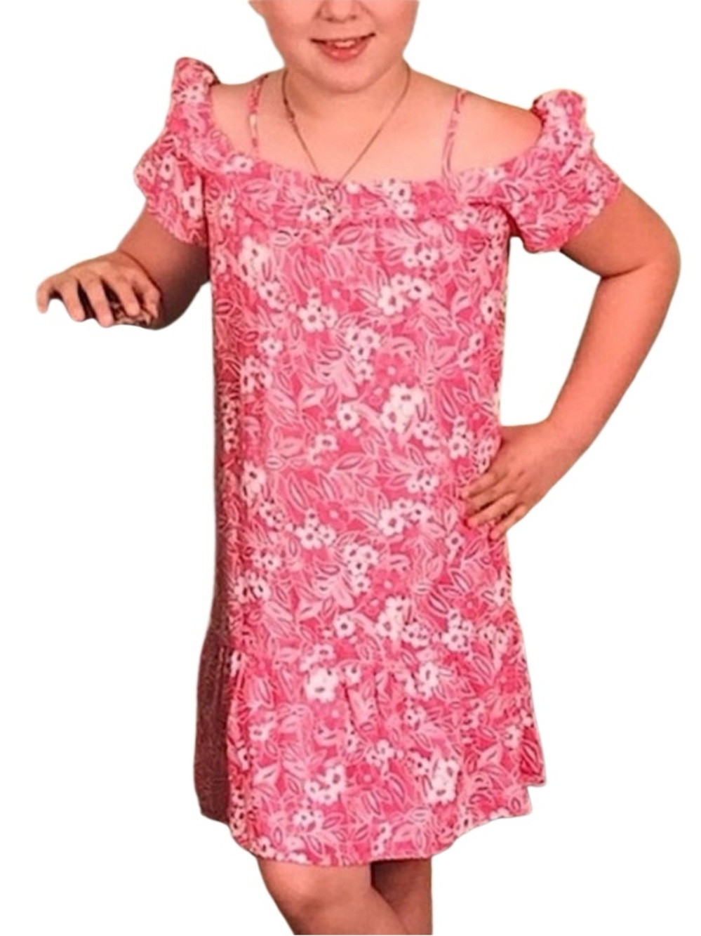 🌴 Old Navy Off-Shoulder Dress Girls L(10-12) Pink & White Floral